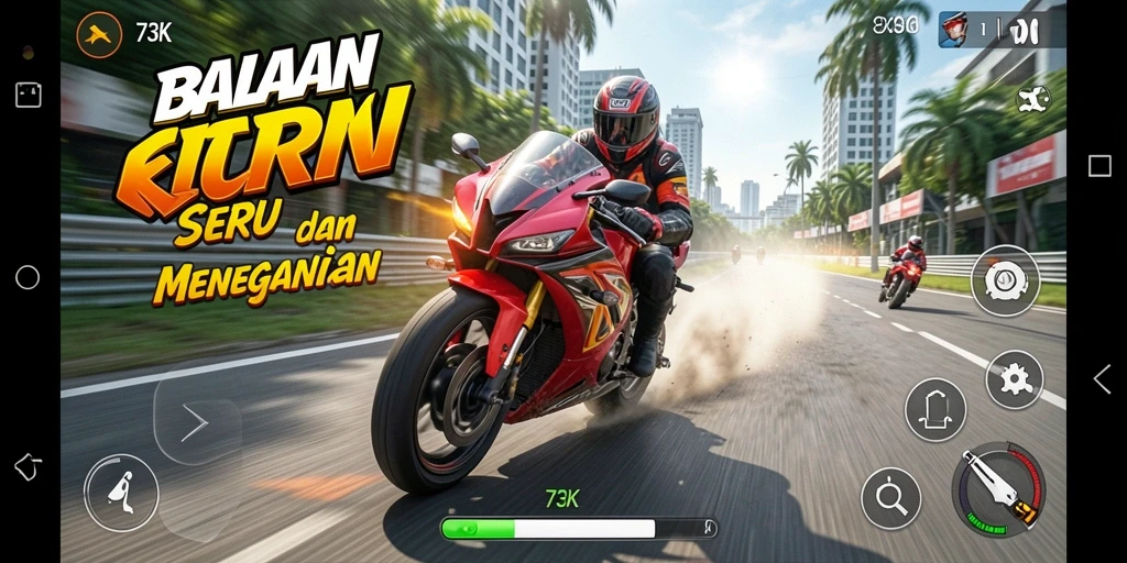 Tampilan gameplay 73K dengan balapan motor yang seru dan grafis menakjubkan.