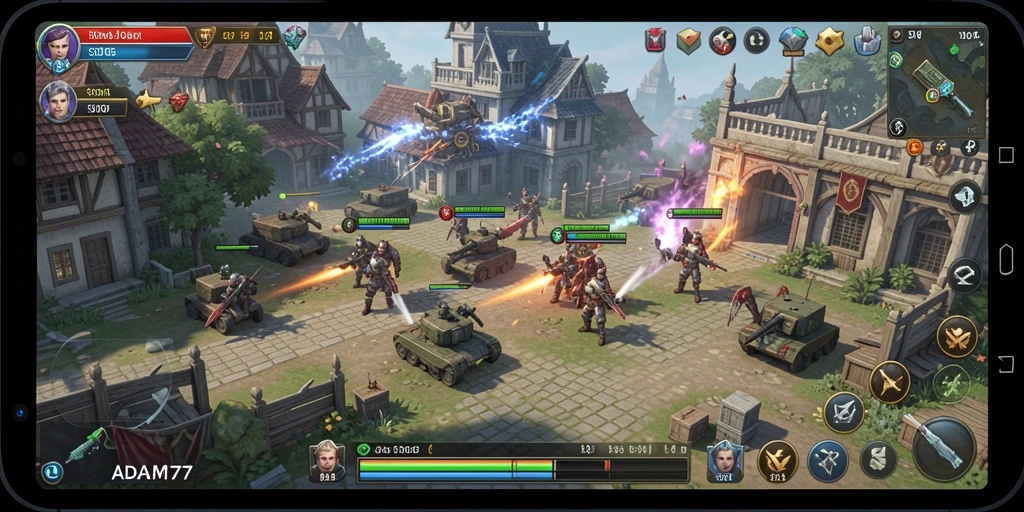 Tangkapan layar ADAM77 memperlihatkan aksi pertempuran seru dalam gameplay SLG.