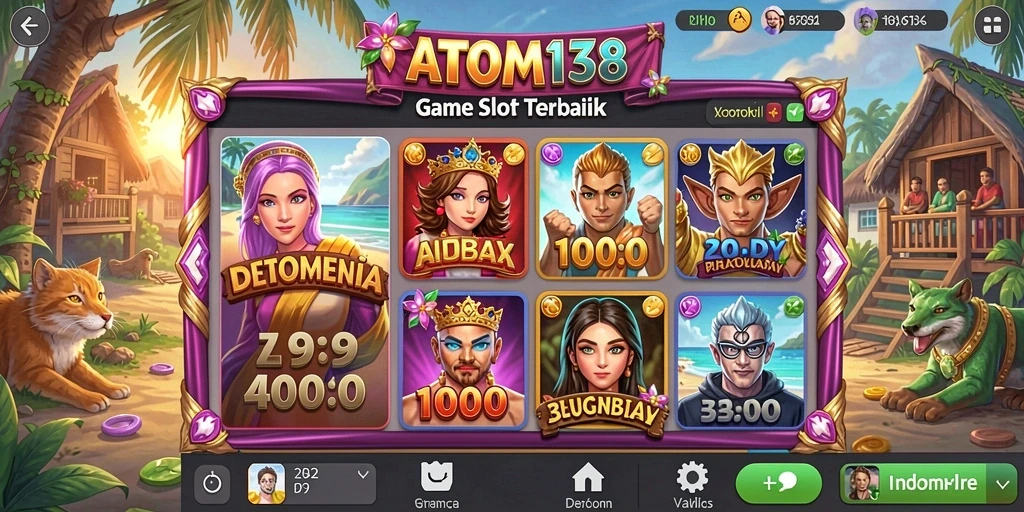 Tampilan gameplay seru dari ATOM138 dengan mesin slot berwarna-warni.