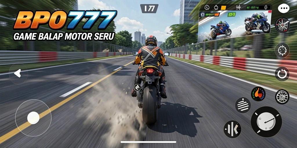 Tampilan gameplay BPO777 dengan balapan motor yang seru.