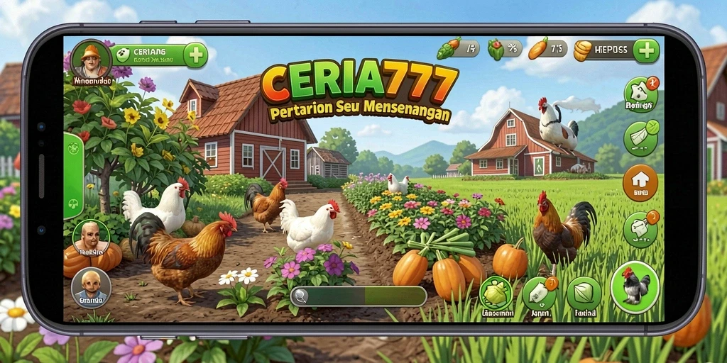 Tampilan gameplay CERIA777 dengan kebun yang rimbun dan hewan ternak yang lucu.