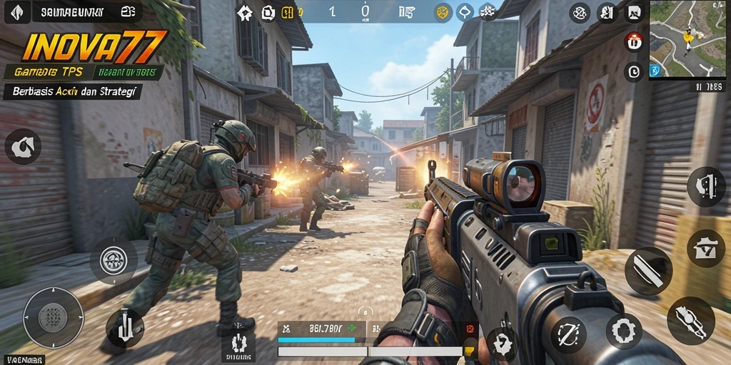 Tangkapan layar dari gameplay menegangkan INOVA77 dengan aksi tembak-menembak yang intens.