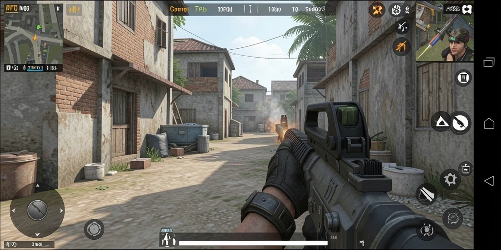 Screenshot utama menunjukkan aksi menembak intens dalam game FPS.