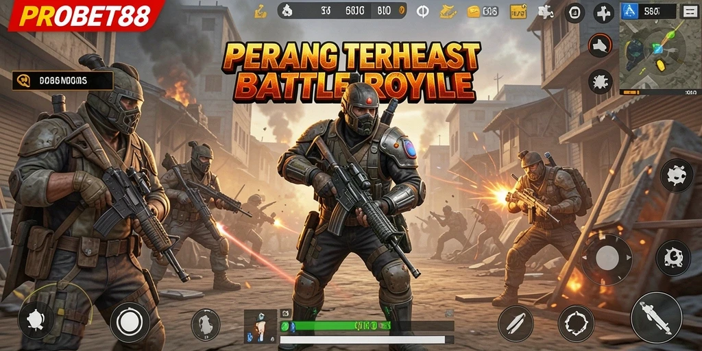 Tangkapan layar gameplay PROBET88 menampilkan pertarungan sengit di arena Battle Royale.
