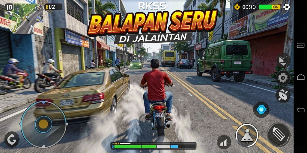 Screenshot RK55 menampilkan gameplay balapan yang mendebarkan dengan grafis memukau.
