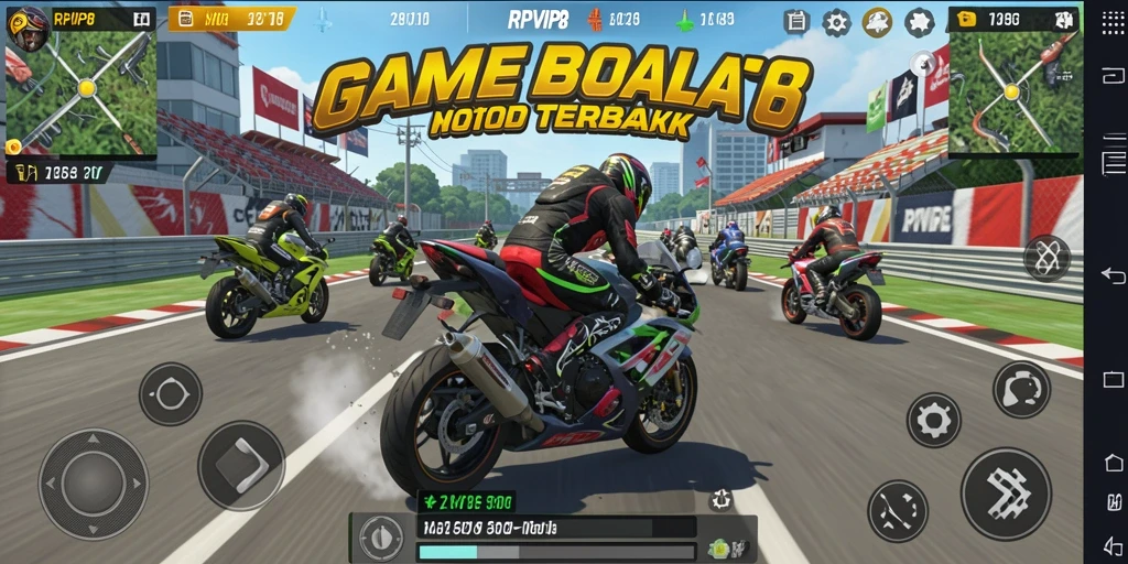 Screenshot RPVIP8 memperlihatkan serunya balapan motor di trek yang menantang.