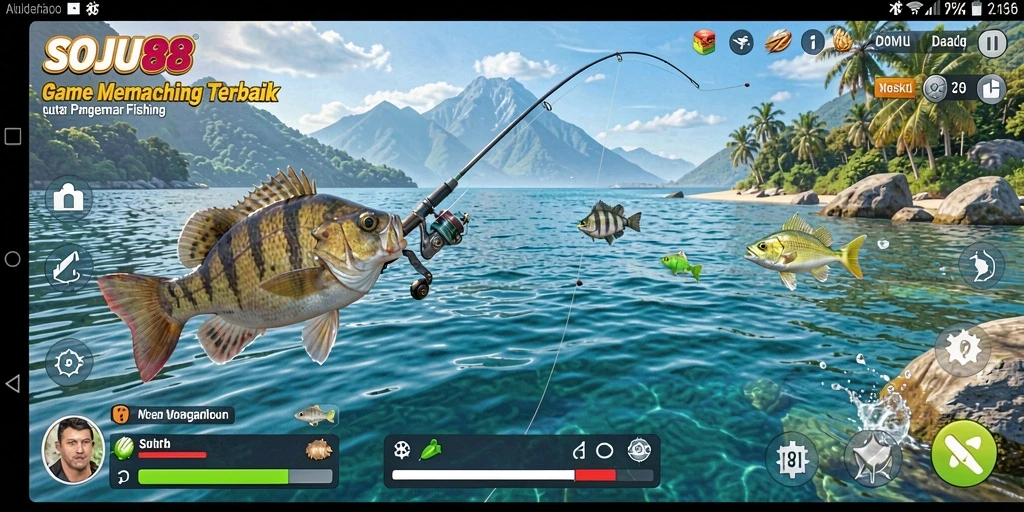 Tampilan aksi memancing seru dalam SOJU88 yang menampilkan berbagai jenis ikan.