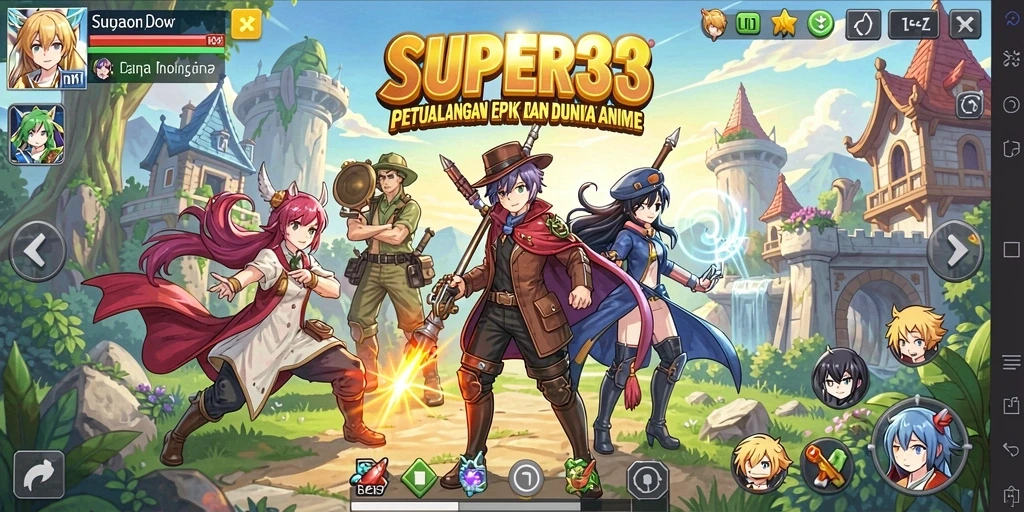 Screenshot gameplay SUPER33 menampilkan dunia Anime yang penuh warna dan aksi.