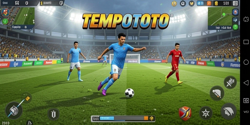 Tampilan gameplay TEMPOTOTO dengan aksi sepak bola seru dan grafis menawan.