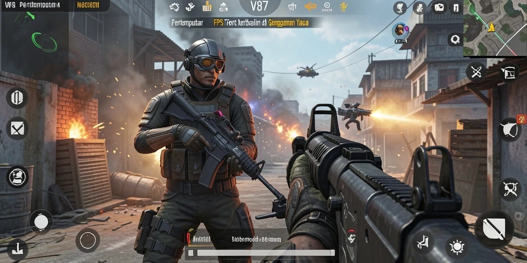 Screenshot V87 menampilkan aksi pertempuran FPS yang mendebarkan.